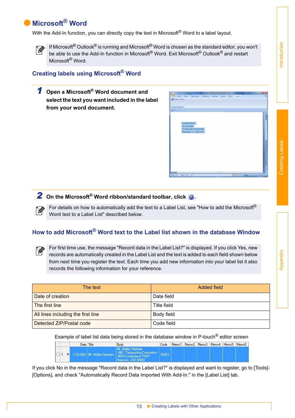 Microsoft, Word, Creating labels using microsoft | How to add microsoft | Brother QL-570 User Manual | Page 13 / 35