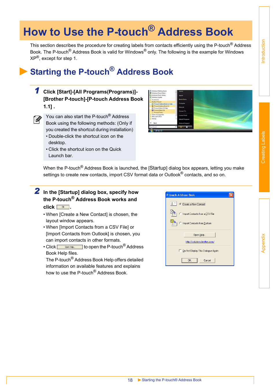 How to use the p-touch® address book, Starting the p-touch® address book, How to use the p-touch | Starting the p-touch, Address book, Address book 1 | Brother QL-570 User Manual | Page 18 / 35