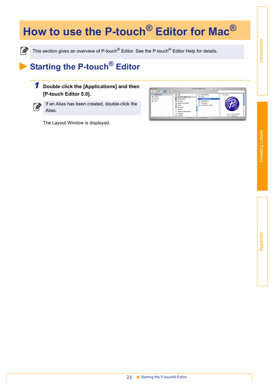 How to use the p-touch® editor for mac, Starting the p-touch® editor, How to use the p-touch | Starting the p-touch, Editor for mac, Editor 1 | Brother QL-570 User Manual | Page 23 / 35
