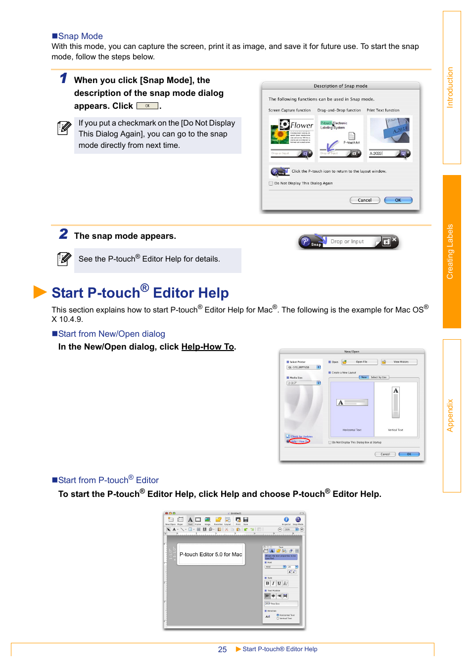 Start p-touch® editor help, Start p-touch, Editor help | Brother QL-570 User Manual | Page 25 / 35