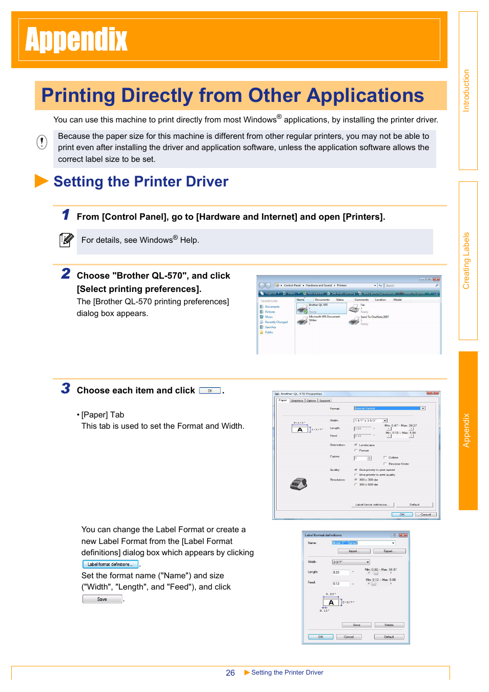 Appendix, Printing directly from other applications, Setting the printer driver | Ndix, Setting the printer driver 1 | Brother QL-570 User Manual | Page 26 / 35