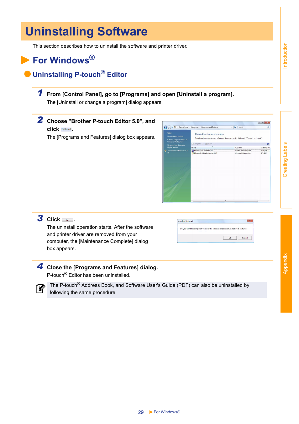 Uninstalling software, For windows, Uninstalling p-touch | Editor | Brother QL-570 User Manual | Page 29 / 35