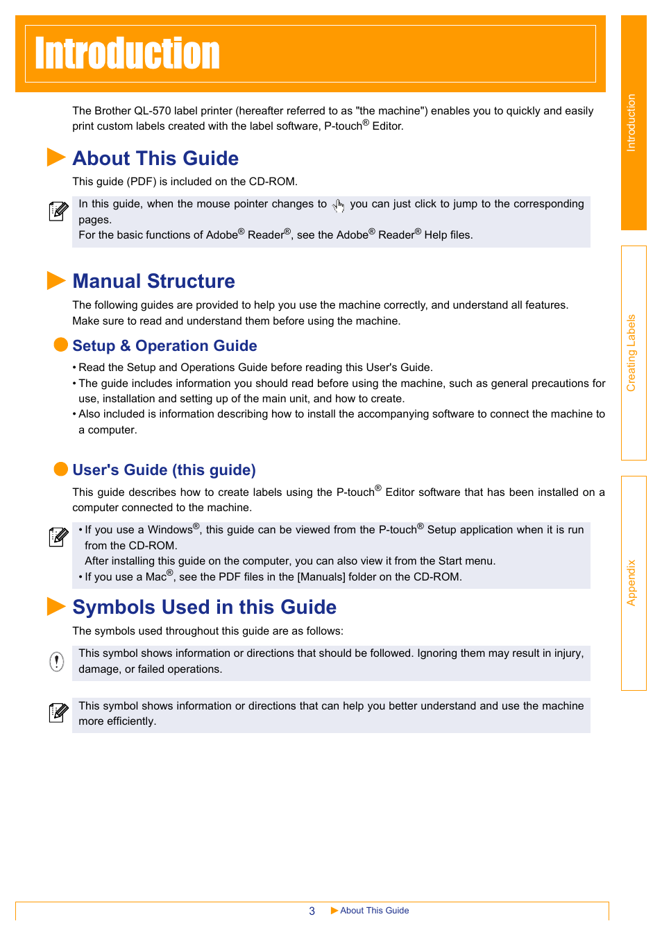 Introduction, About this guide, Manual structure | Symbols used in this guide, Introduc, Tion, Setup & operation guide, User's guide (this guide) | Brother QL-570 User Manual | Page 3 / 35