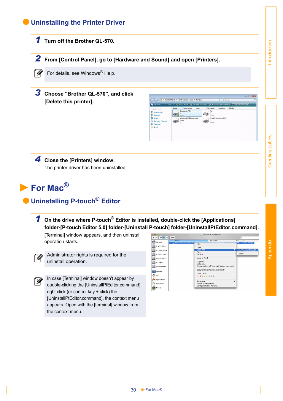 For mac, Uninstalling the printer driver, Uninstalling p-touch | Editor | Brother QL-570 User Manual | Page 30 / 35