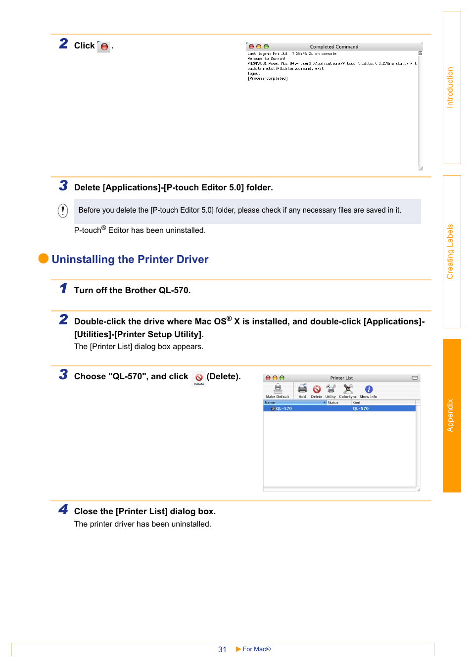 Uninstalling the printer driver | Brother QL-570 User Manual | Page 31 / 35