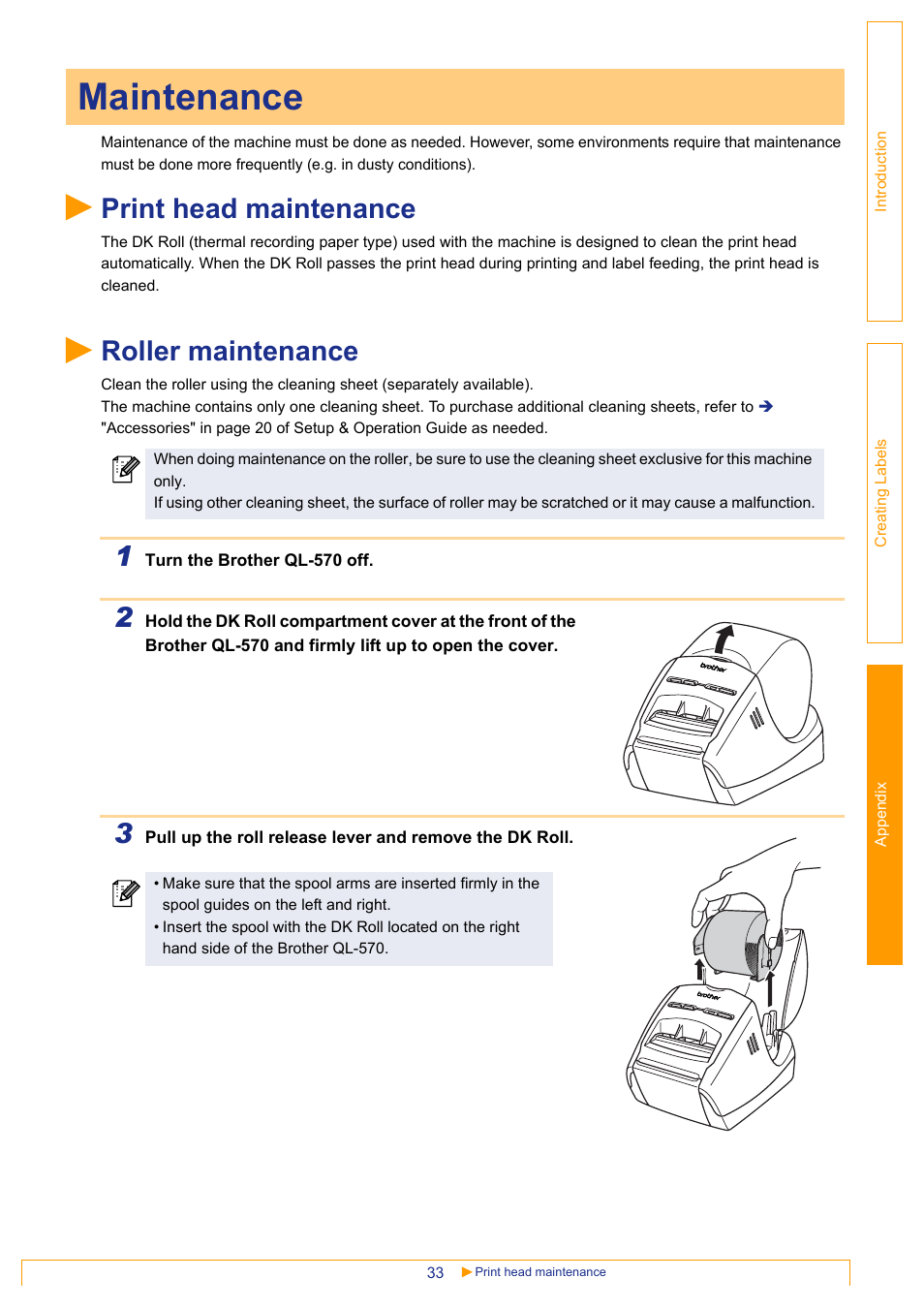 Maintenance, Print head maintenance, Roller maintenance | Print head maintenance roller maintenance | Brother QL-570 User Manual | Page 33 / 35