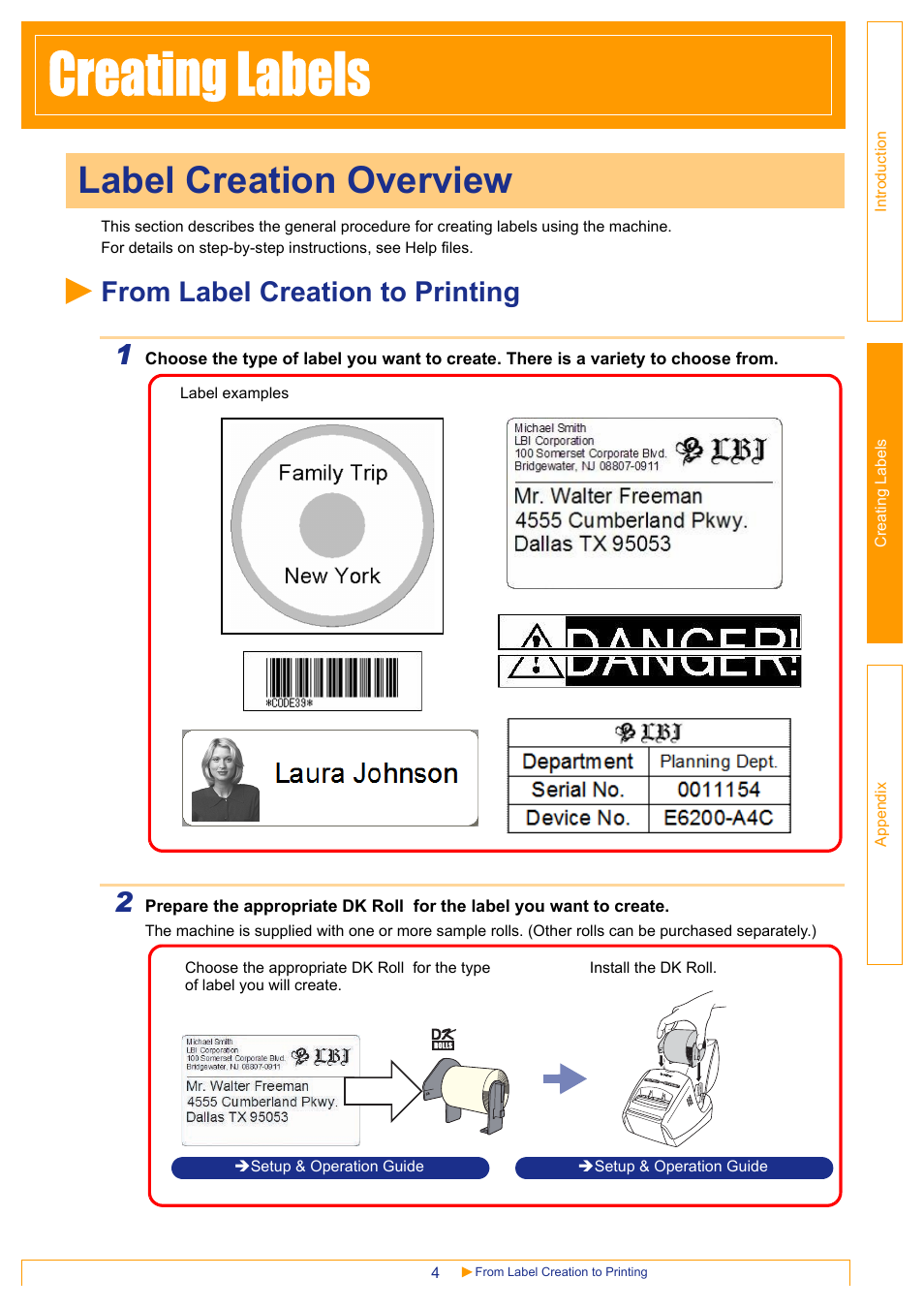 Creating labels, Label creation overview, From label creation to printing | G la | Brother QL-570 User Manual | Page 4 / 35