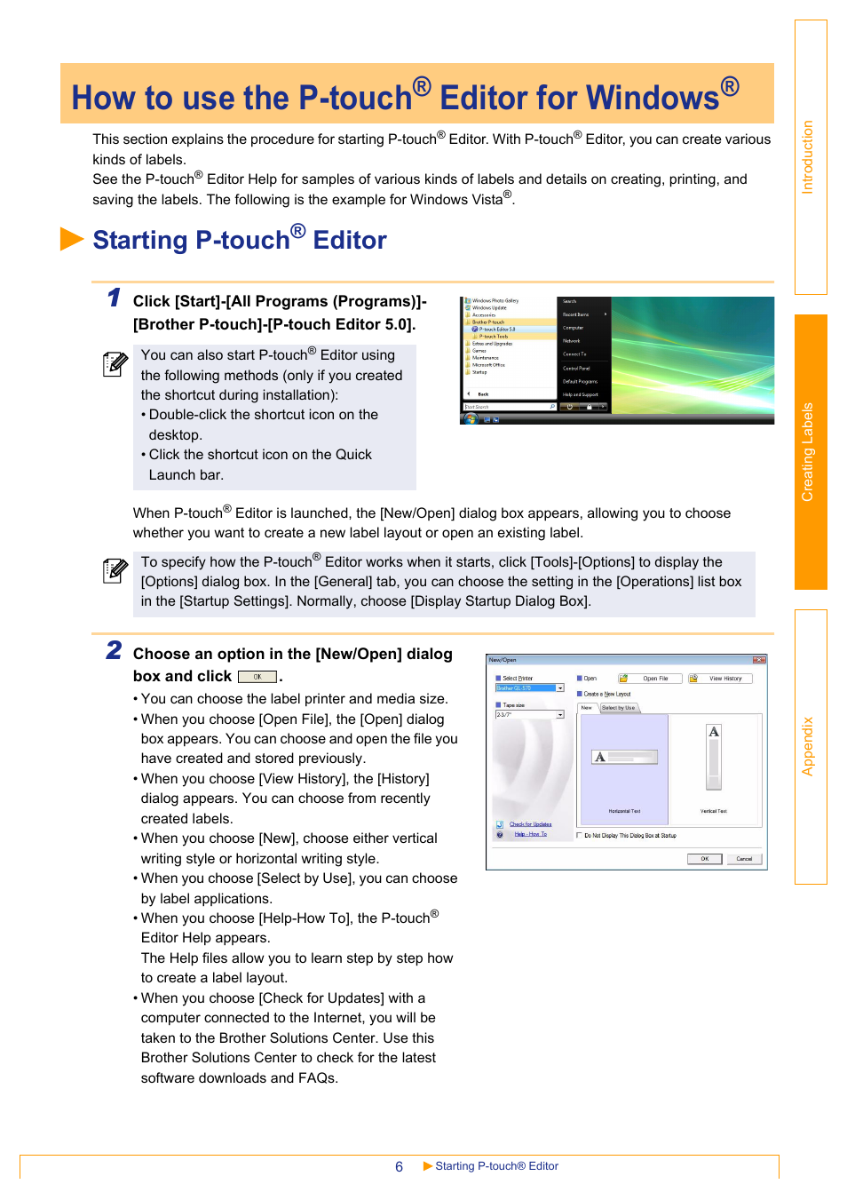 How to use the p-touch® editor for windows, Starting p-touch® editor, Starting p-touch | How to use the p-touch, Editor for windows, Editor 1 | Brother QL-570 User Manual | Page 6 / 35