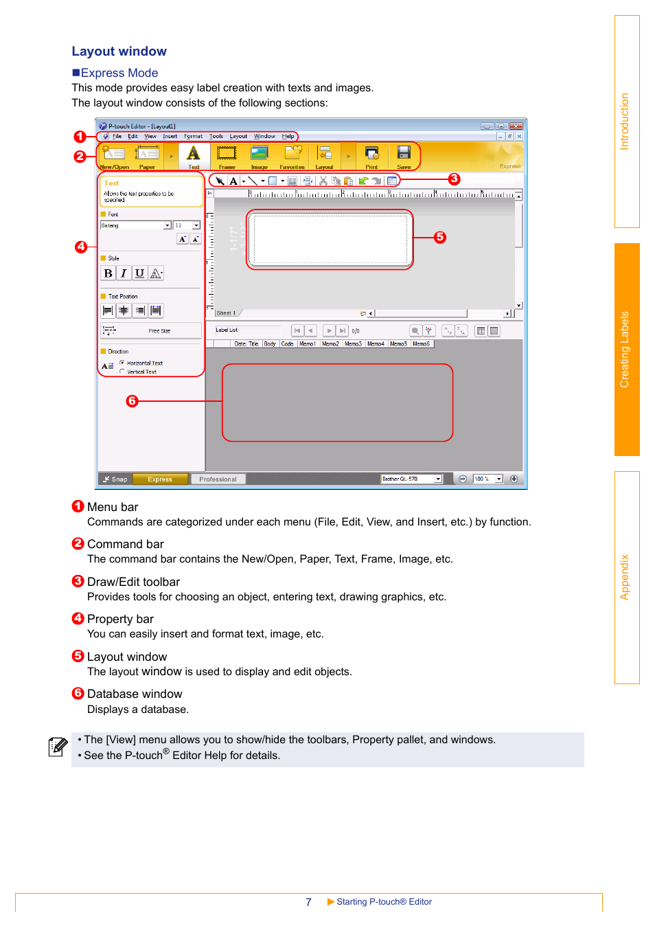Layout window | Brother QL-570 User Manual | Page 7 / 35