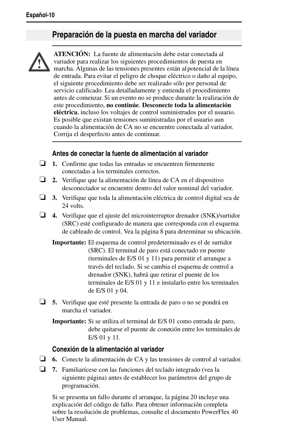 Preparación de la puesta en marcha del variador | Rockwell Automation 22B PowerFlex 40 Quick Start FRN 5.xx - 6.xx User Manual | Page 102 / 161