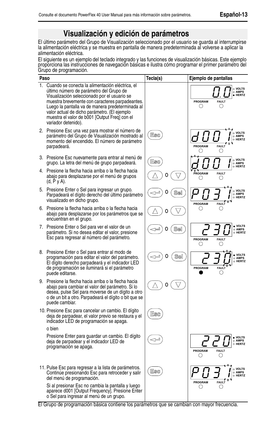 Visualización y edición de parámetros, Español-13 | Rockwell Automation 22B PowerFlex 40 Quick Start FRN 5.xx - 6.xx User Manual | Page 105 / 161