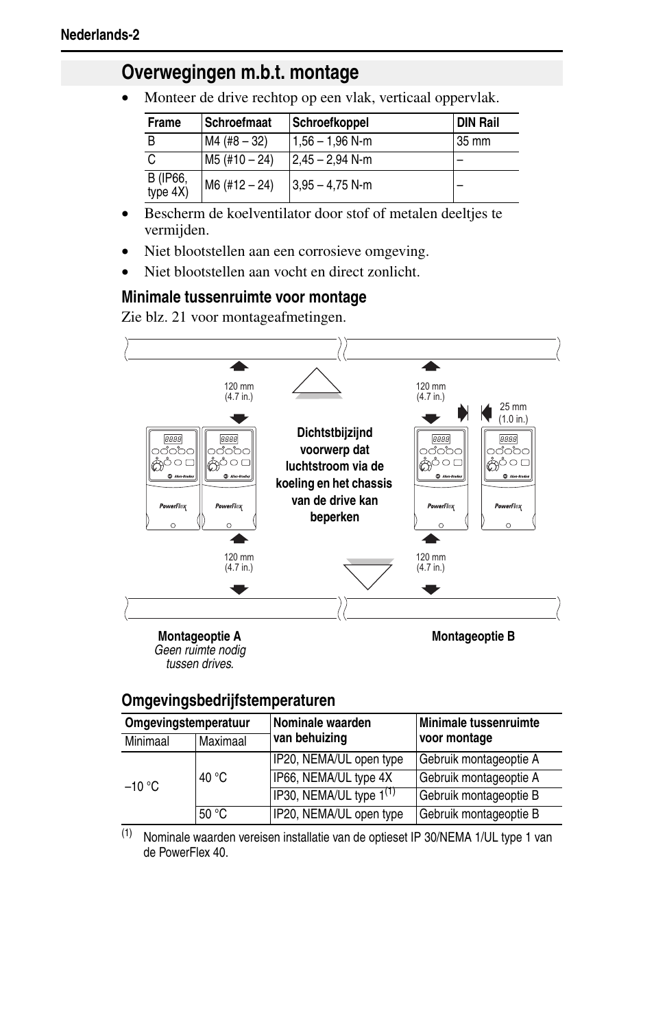 Overwegingen m.b.t. montage, Minimale tussenruimte voor montage, Omgevingsbedrijfstemperaturen | Rockwell Automation 22B PowerFlex 40 Quick Start FRN 5.xx - 6.xx User Manual | Page 116 / 161