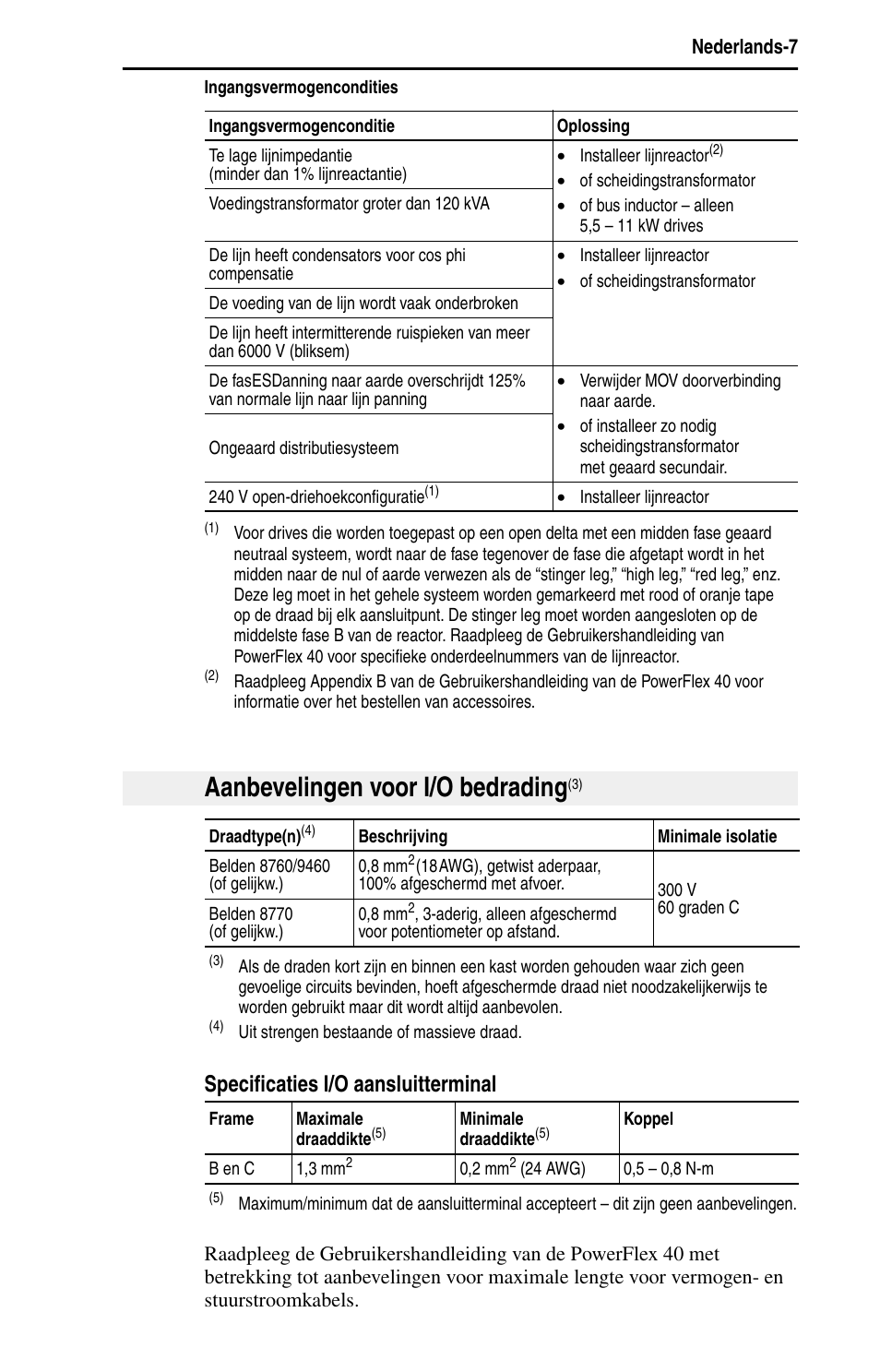 Aanbevelingen voor i/o bedrading, Specificaties i/o aansluitterminal | Rockwell Automation 22B PowerFlex 40 Quick Start FRN 5.xx - 6.xx User Manual | Page 121 / 161