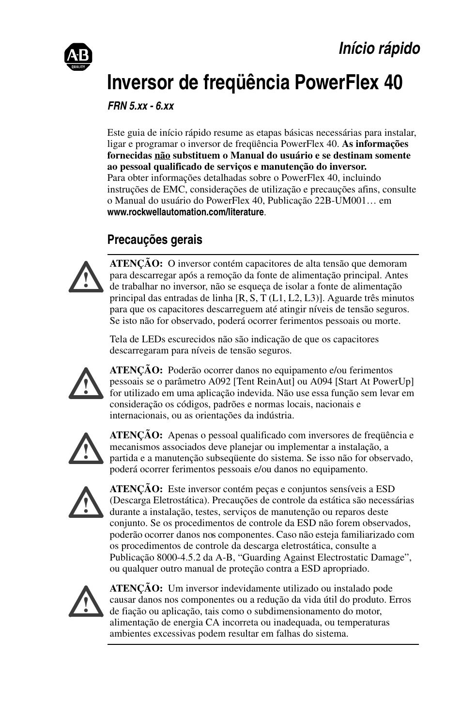 Inversor de freqüência powerflex 40, Início rápido | Rockwell Automation 22B PowerFlex 40 Quick Start FRN 5.xx - 6.xx User Manual | Page 137 / 161