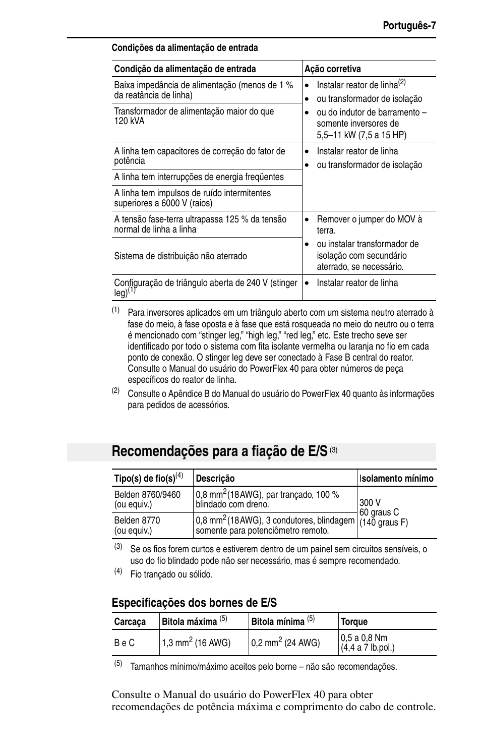 Recomendações para a fiação de e/s, Especificações dos bornes de e/s | Rockwell Automation 22B PowerFlex 40 Quick Start FRN 5.xx - 6.xx User Manual | Page 143 / 161