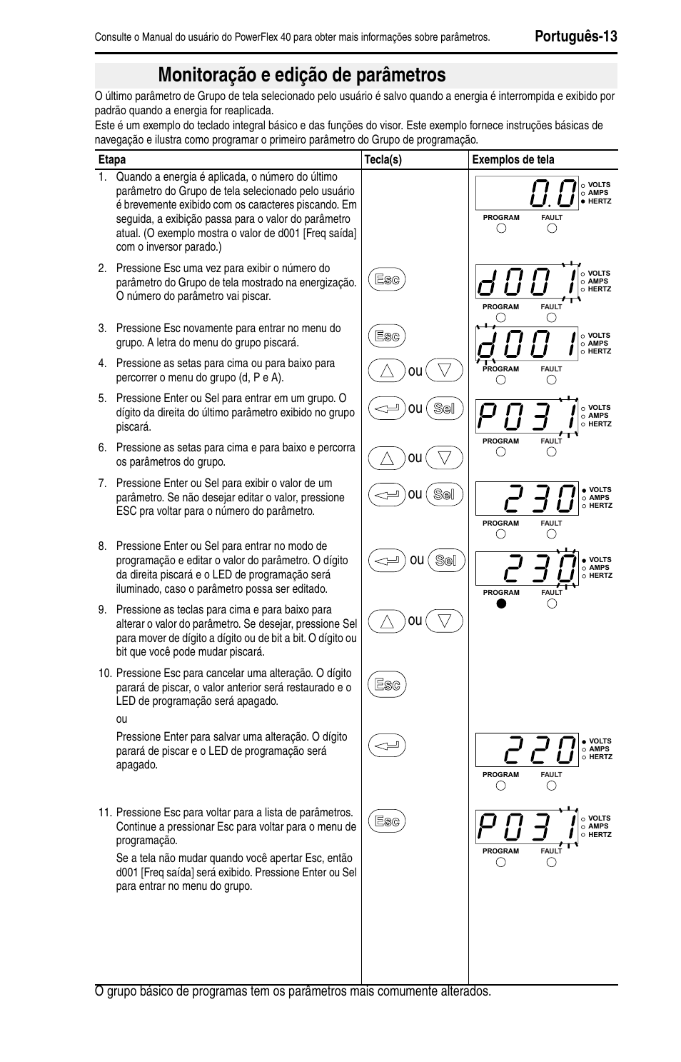 Monitoração e edição de parâmetros, Português-13 | Rockwell Automation 22B PowerFlex 40 Quick Start FRN 5.xx - 6.xx User Manual | Page 149 / 161