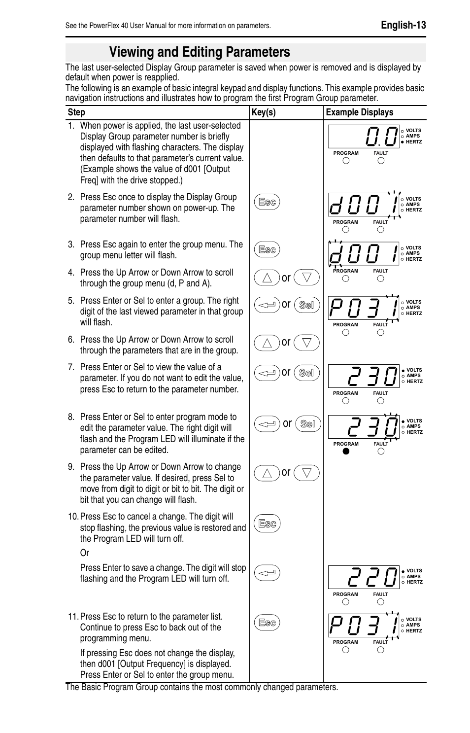 Viewing and editing parameters, English-13 | Rockwell Automation 22B PowerFlex 40 Quick Start FRN 5.xx - 6.xx User Manual | Page 15 / 161