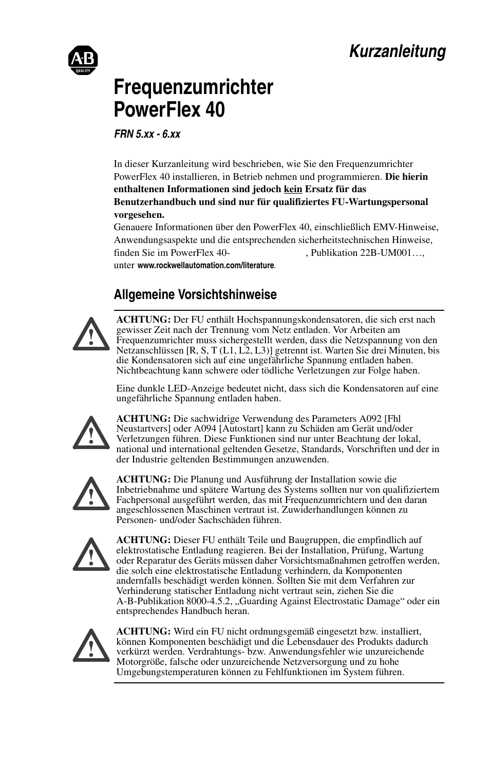 Frequenzumrichter powerflex 40, Kurzanleitung, Allgemeine vorsichtshinweise | Rockwell Automation 22B PowerFlex 40 Quick Start FRN 5.xx - 6.xx User Manual | Page 25 / 161