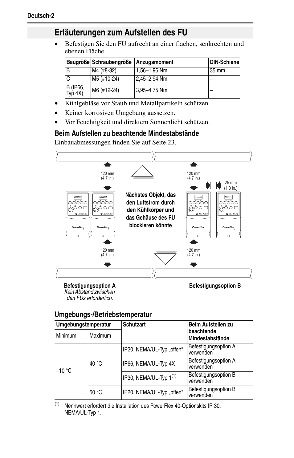 Erläuterungen zum aufstellen des fu, Beim aufstellen zu beachtende mindestabstände, Umgebungs-/betriebstemperatur | Rockwell Automation 22B PowerFlex 40 Quick Start FRN 5.xx - 6.xx User Manual | Page 26 / 161