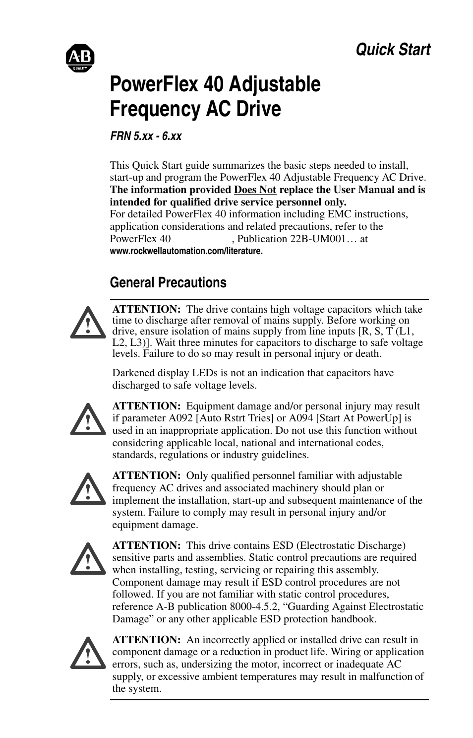 Powerflex 40 adjustable frequency ac drive, Quick start | Rockwell Automation 22B PowerFlex 40 Quick Start FRN 5.xx - 6.xx User Manual | Page 3 / 161