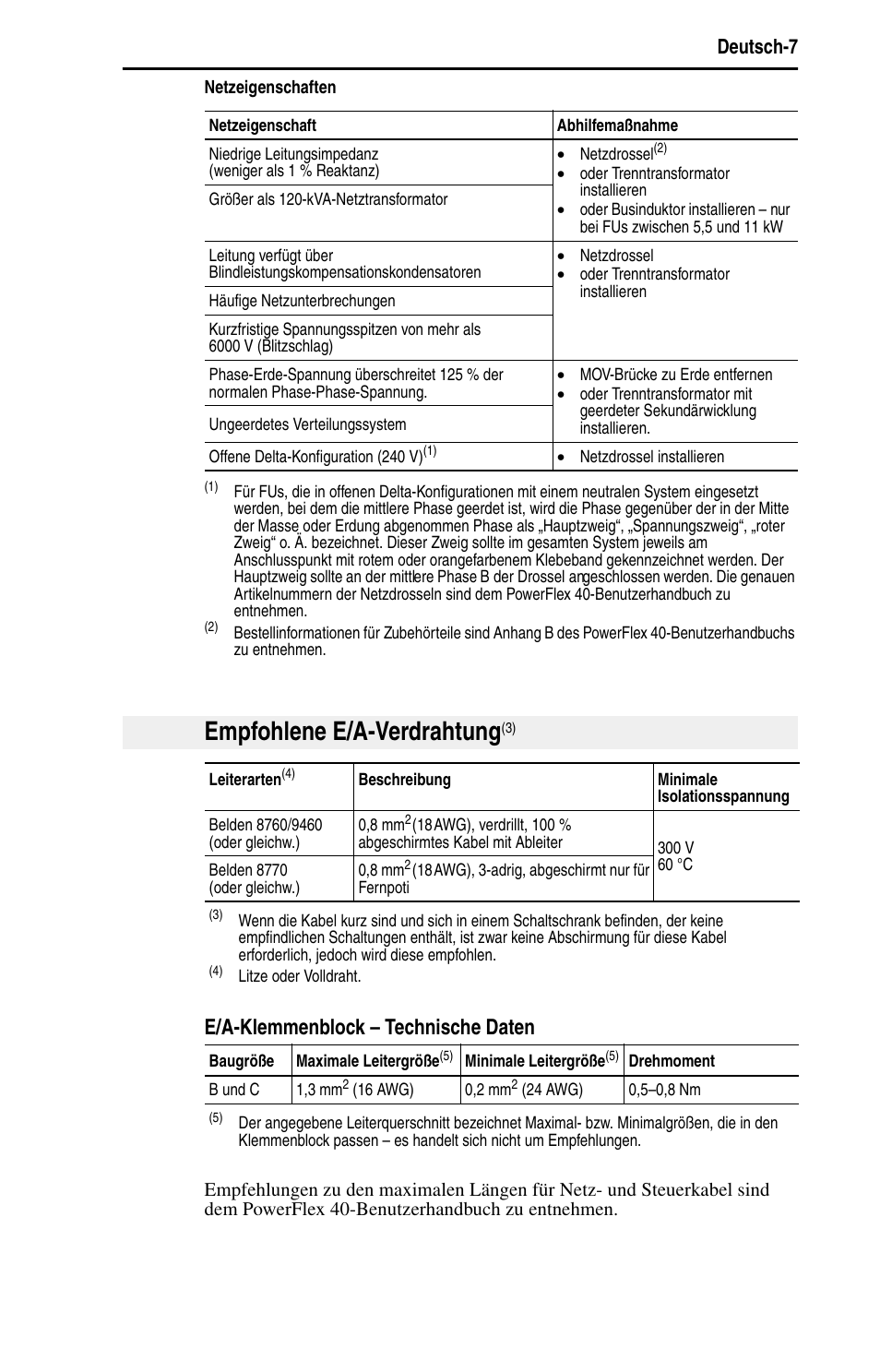 Empfohlene e/a-verdrahtung, E/a-klemmenblock – technische daten, Deutsch-7 | Rockwell Automation 22B PowerFlex 40 Quick Start FRN 5.xx - 6.xx User Manual | Page 31 / 161