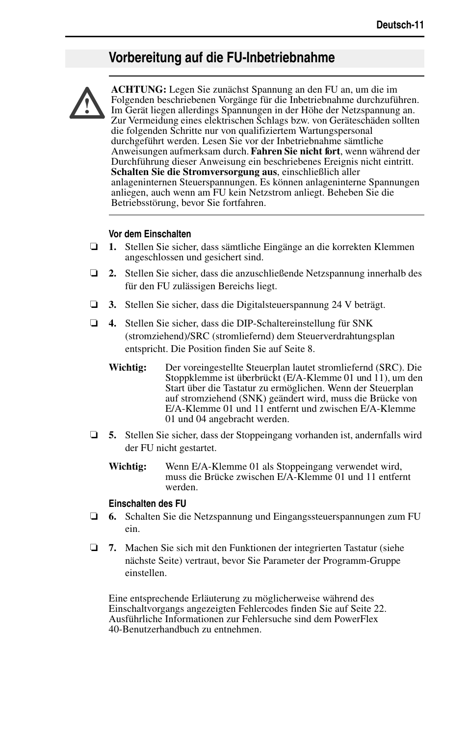Vorbereitung auf die fu-inbetriebnahme | Rockwell Automation 22B PowerFlex 40 Quick Start FRN 5.xx - 6.xx User Manual | Page 35 / 161
