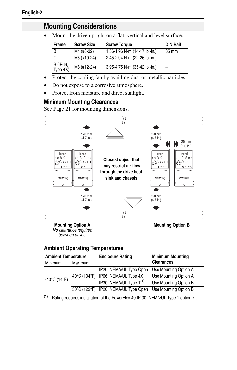 Mounting considerations, Minimum mounting clearances, Ambient operating temperatures | Rockwell Automation 22B PowerFlex 40 Quick Start FRN 5.xx - 6.xx User Manual | Page 4 / 161