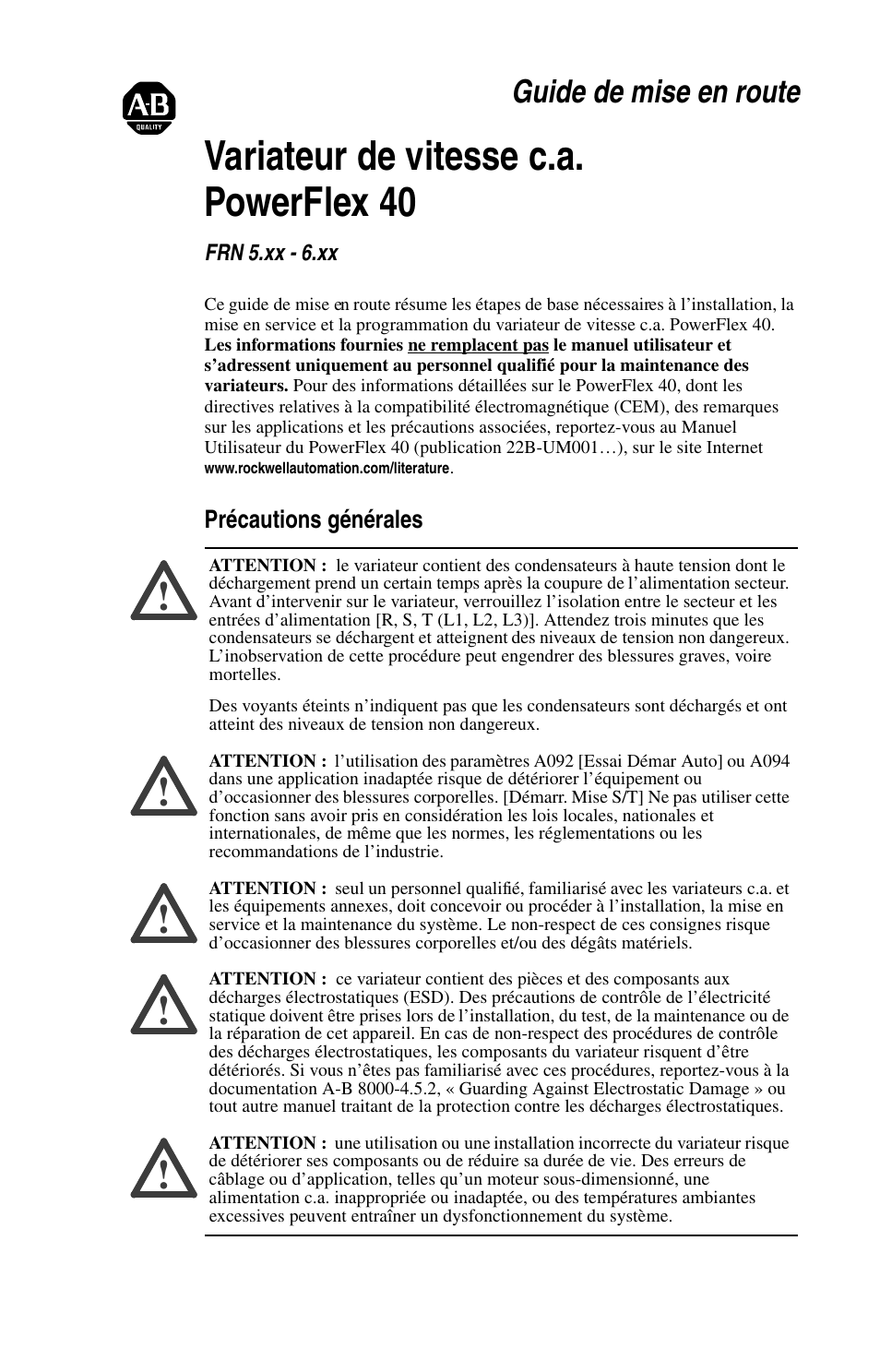 Variateur de vitesse c.a. powerflex 40, Guide de mise en route, Précautions générales | Rockwell Automation 22B PowerFlex 40 Quick Start FRN 5.xx - 6.xx User Manual | Page 49 / 161