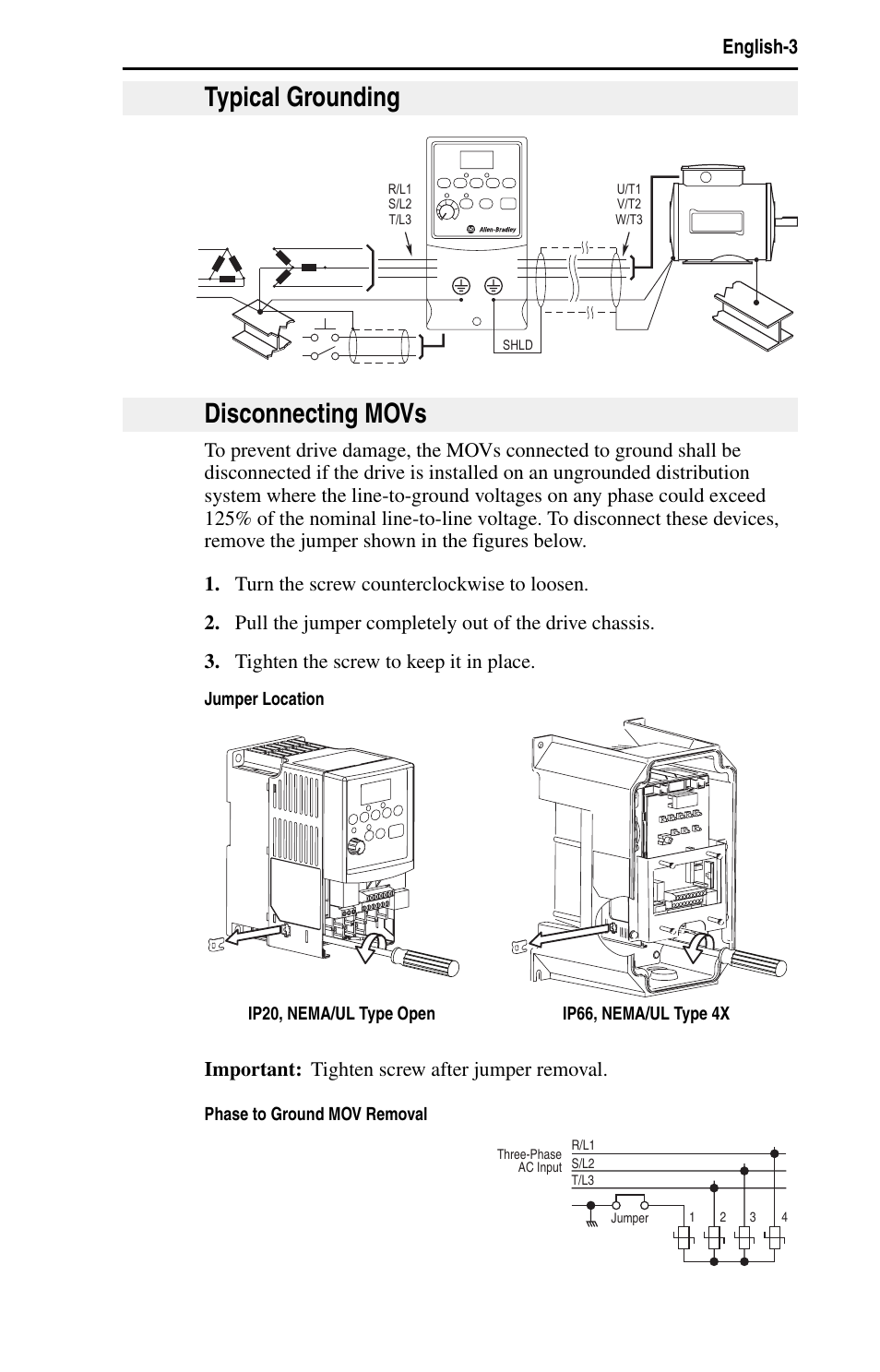 Typical grounding, Disconnecting movs, Important: tighten screw after jumper removal | Rockwell Automation 22B PowerFlex 40 Quick Start FRN 5.xx - 6.xx User Manual | Page 5 / 161