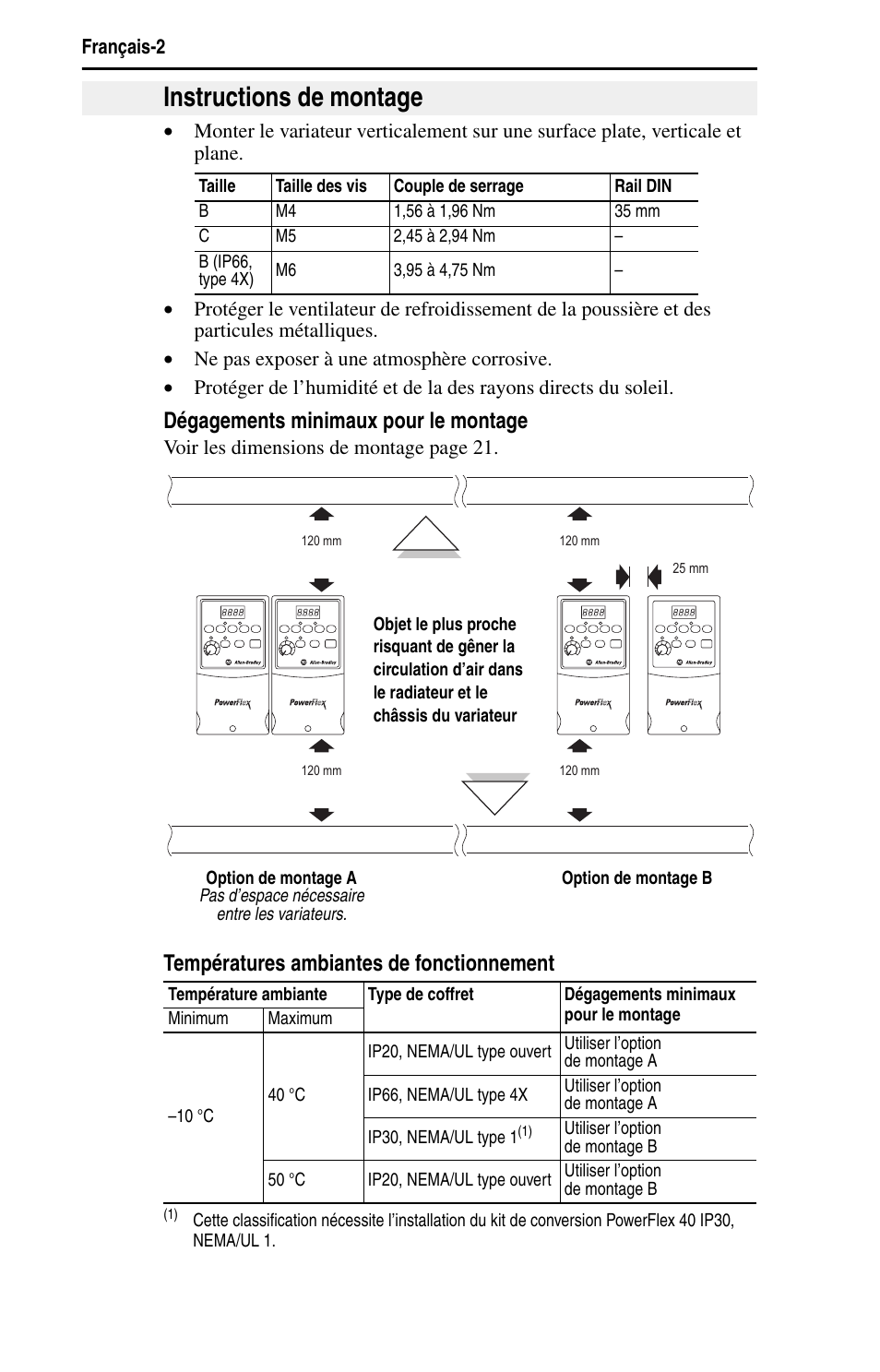 Instructions de montage, Dégagements minimaux pour le montage, Températures ambiantes de fonctionnement | Rockwell Automation 22B PowerFlex 40 Quick Start FRN 5.xx - 6.xx User Manual | Page 50 / 161