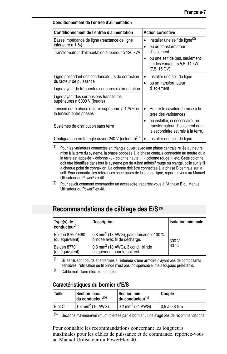 Recommandations de câblage des e/s, Caractéristiques du bornier d’e/s, Français-7 | Rockwell Automation 22B PowerFlex 40 Quick Start FRN 5.xx - 6.xx User Manual | Page 55 / 161