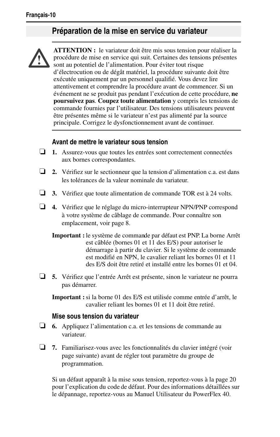 Préparation de la mise en service du variateur | Rockwell Automation 22B PowerFlex 40 Quick Start FRN 5.xx - 6.xx User Manual | Page 58 / 161