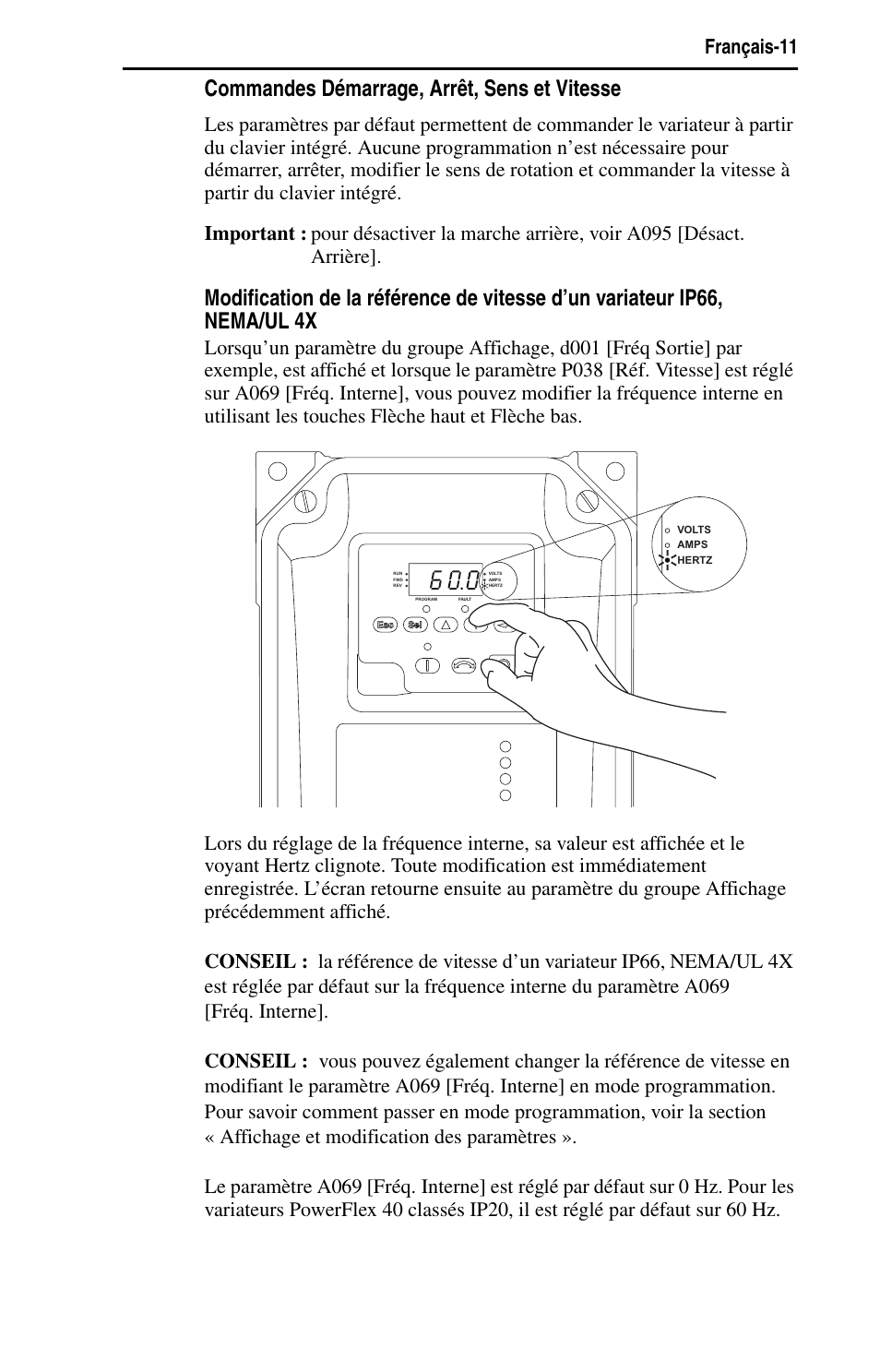 Commandes démarrage, arrêt, sens et vitesse | Rockwell Automation 22B PowerFlex 40 Quick Start FRN 5.xx - 6.xx User Manual | Page 59 / 161