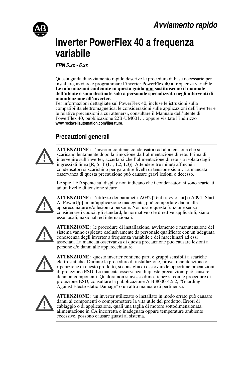 Inverter powerflex 40 a frequenza variabile, Avviamento rapido, Precauzioni generali | Rockwell Automation 22B PowerFlex 40 Quick Start FRN 5.xx - 6.xx User Manual | Page 71 / 161