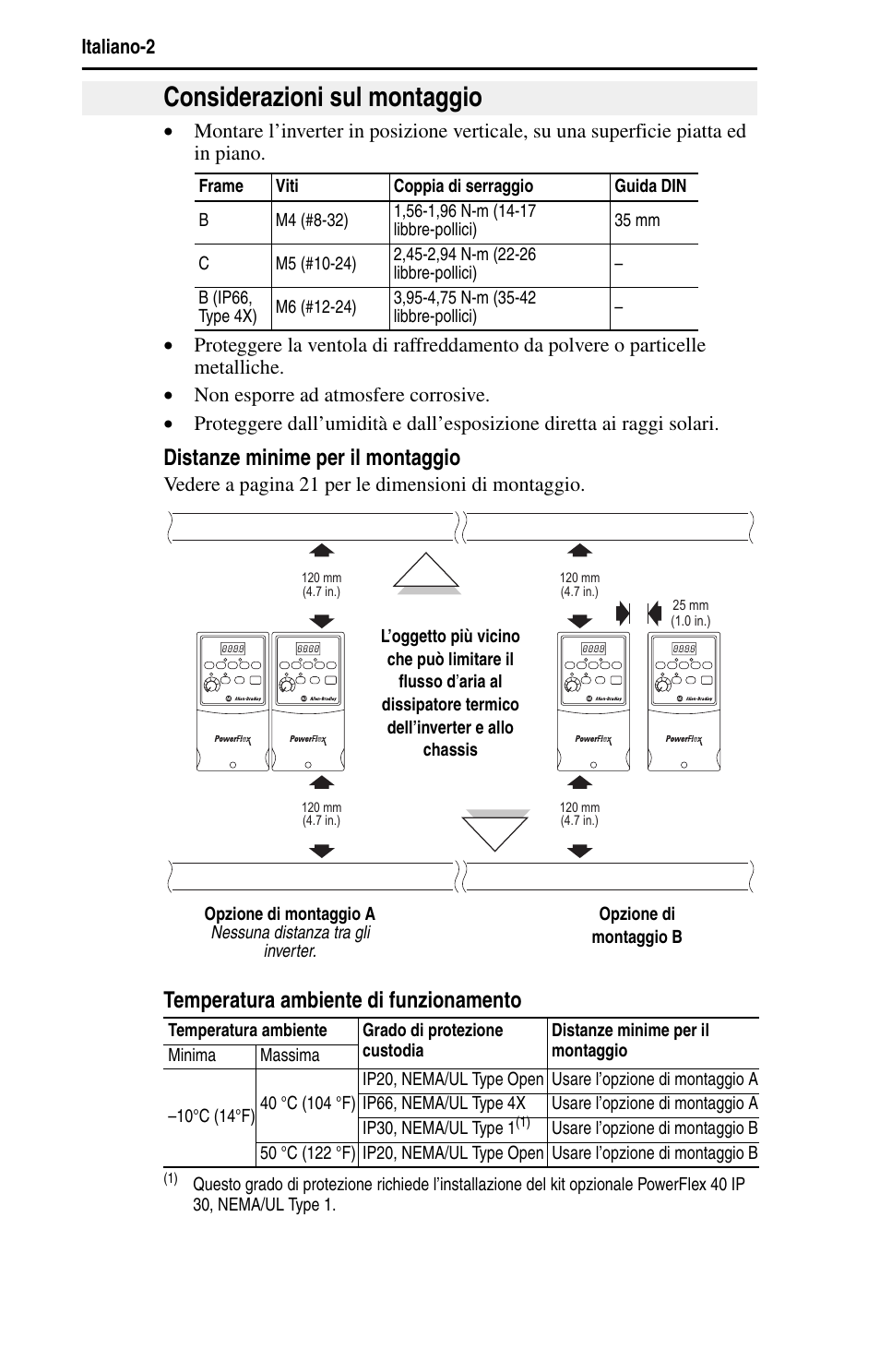 Considerazioni sul montaggio, Distanze minime per il montaggio, Temperatura ambiente di funzionamento | Rockwell Automation 22B PowerFlex 40 Quick Start FRN 5.xx - 6.xx User Manual | Page 72 / 161