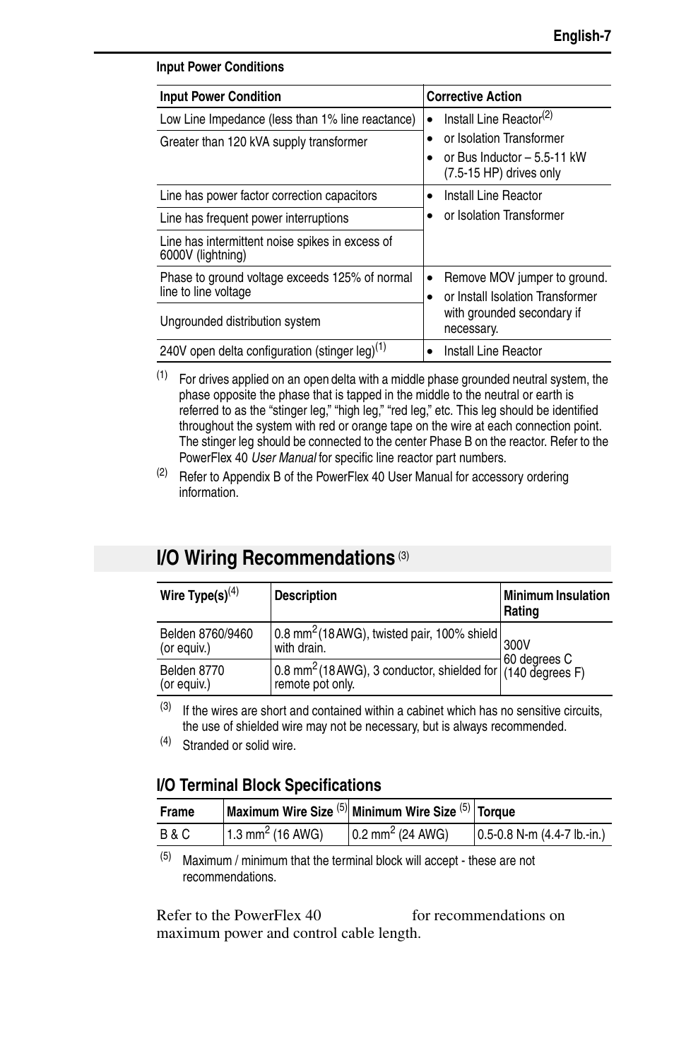 I/o wiring recommendations, I/o terminal block specifications, English-7 | Rockwell Automation 22B PowerFlex 40 Quick Start FRN 5.xx - 6.xx User Manual | Page 9 / 161