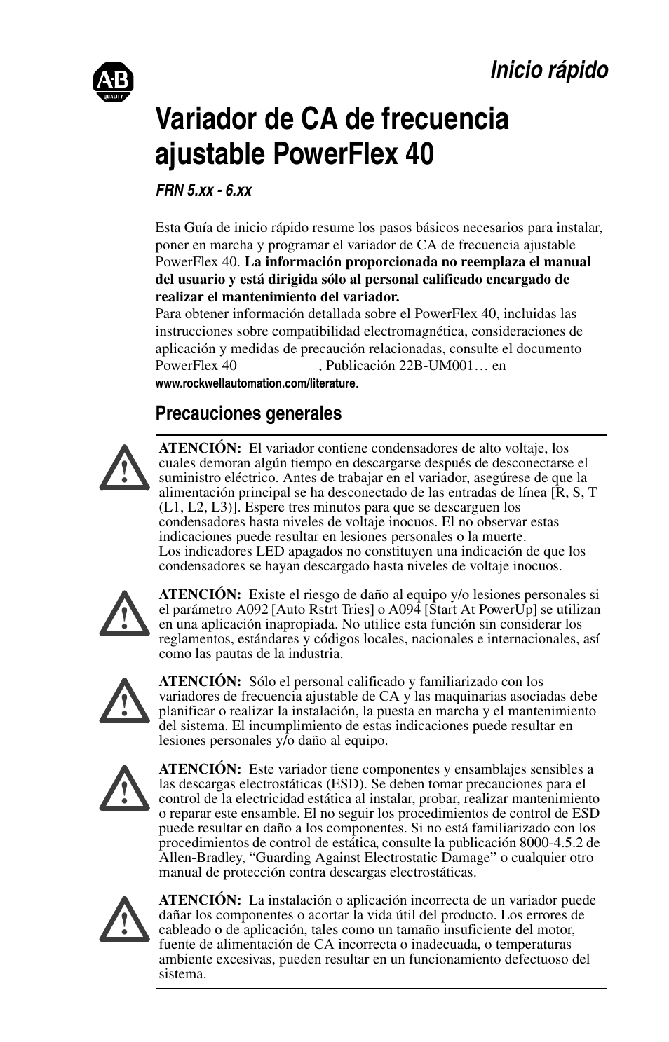 Inicio rápido, Precauciones generales | Rockwell Automation 22B PowerFlex 40 Quick Start FRN 5.xx - 6.xx User Manual | Page 93 / 161