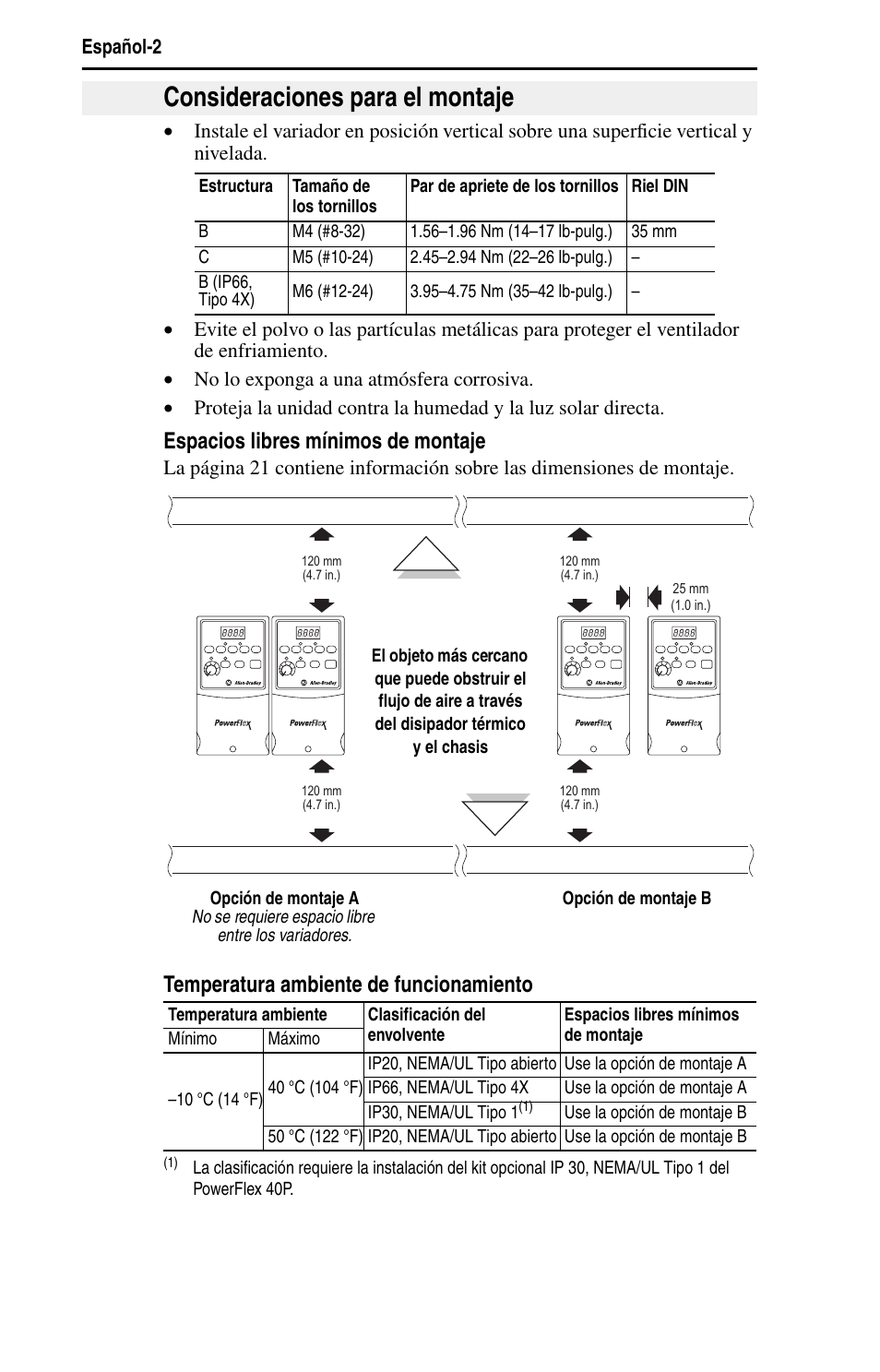 Consideraciones para el montaje, Espacios libres mínimos de montaje, Temperatura ambiente de funcionamiento | Rockwell Automation 22B PowerFlex 40 Quick Start FRN 5.xx - 6.xx User Manual | Page 94 / 161