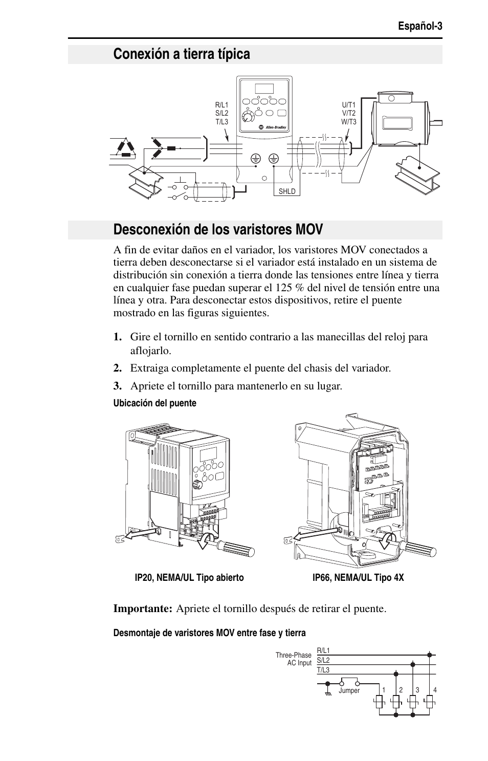 Conexión a tierra típica, Desconexión de los varistores mov | Rockwell Automation 22B PowerFlex 40 Quick Start FRN 5.xx - 6.xx User Manual | Page 95 / 161