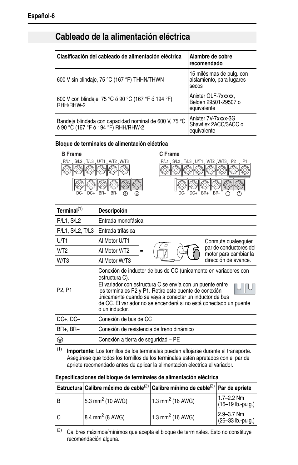 Cableado de la alimentación eléctrica, Español-6 | Rockwell Automation 22B PowerFlex 40 Quick Start FRN 5.xx - 6.xx User Manual | Page 98 / 161