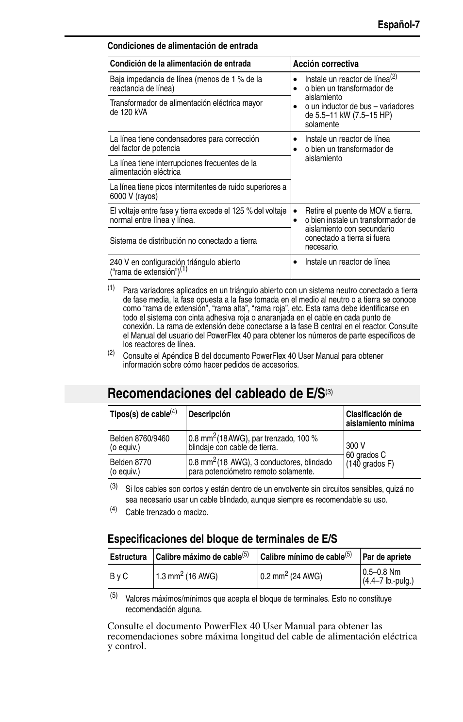 Recomendaciones del cableado de e/s, Especificaciones del bloque de terminales de e/s, Español-7 | Rockwell Automation 22B PowerFlex 40 Quick Start FRN 5.xx - 6.xx User Manual | Page 99 / 161