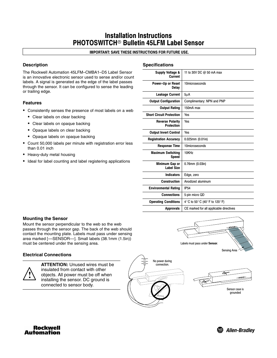 Rockwell Automation 45LFM Capacitive Label Sensor User Manual | 4 pages