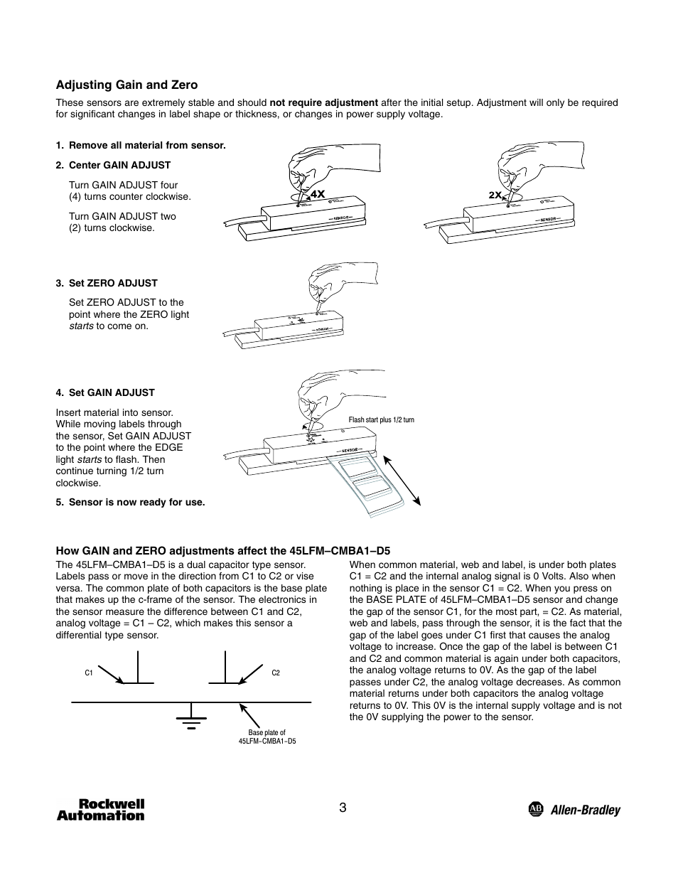 Adjusting gain and zero | Rockwell Automation 45LFM Capacitive Label Sensor User Manual | Page 3 / 4