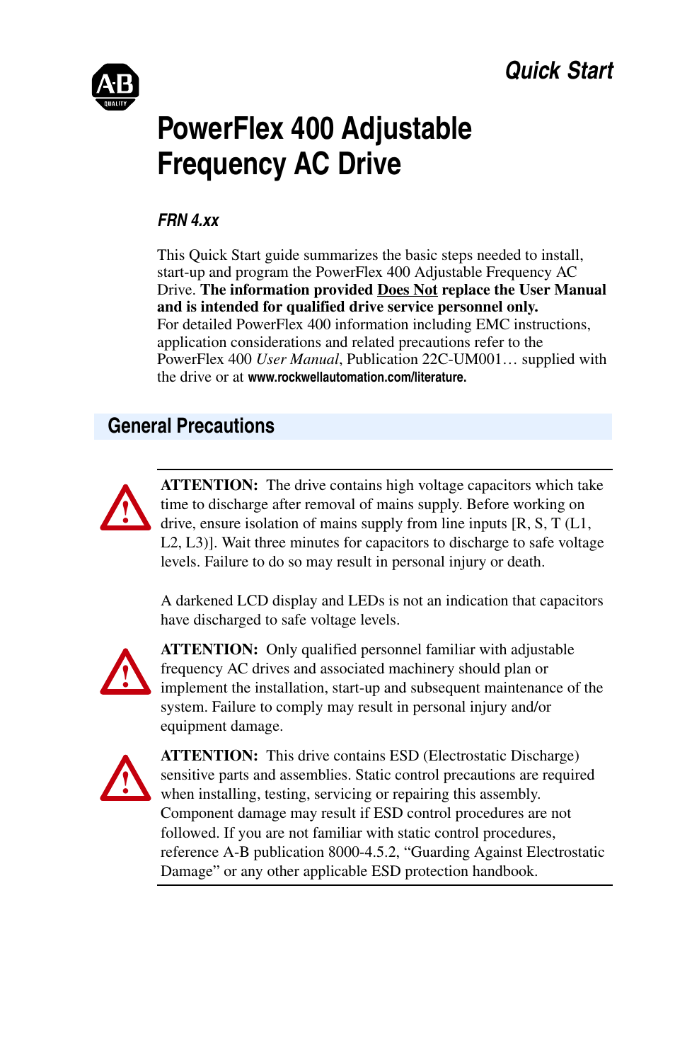 Rockwell Automation 22C PowerFlex 400 AC Drive Quick Start - FRN 1-4.xx User Manual | 28 pages