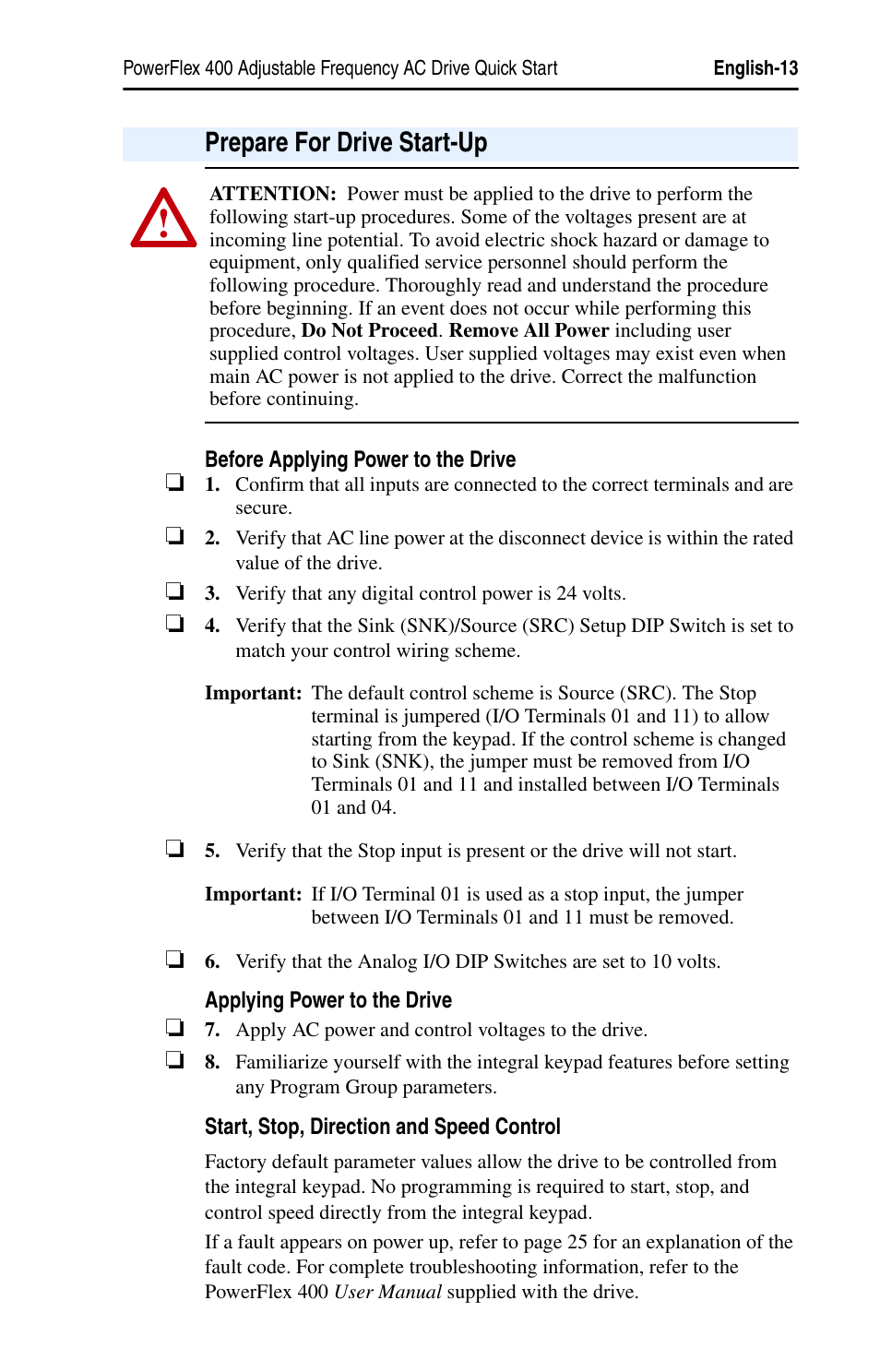 Prepare for drive start-up | Rockwell Automation 22C PowerFlex 400 AC Drive Quick Start - FRN 1-4.xx User Manual | Page 13 / 28