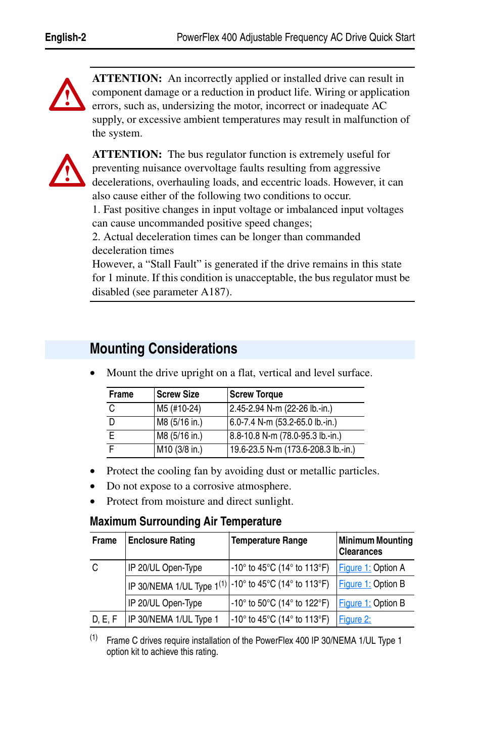 Mounting considerations | Rockwell Automation 22C PowerFlex 400 AC Drive Quick Start - FRN 1-4.xx User Manual | Page 2 / 28