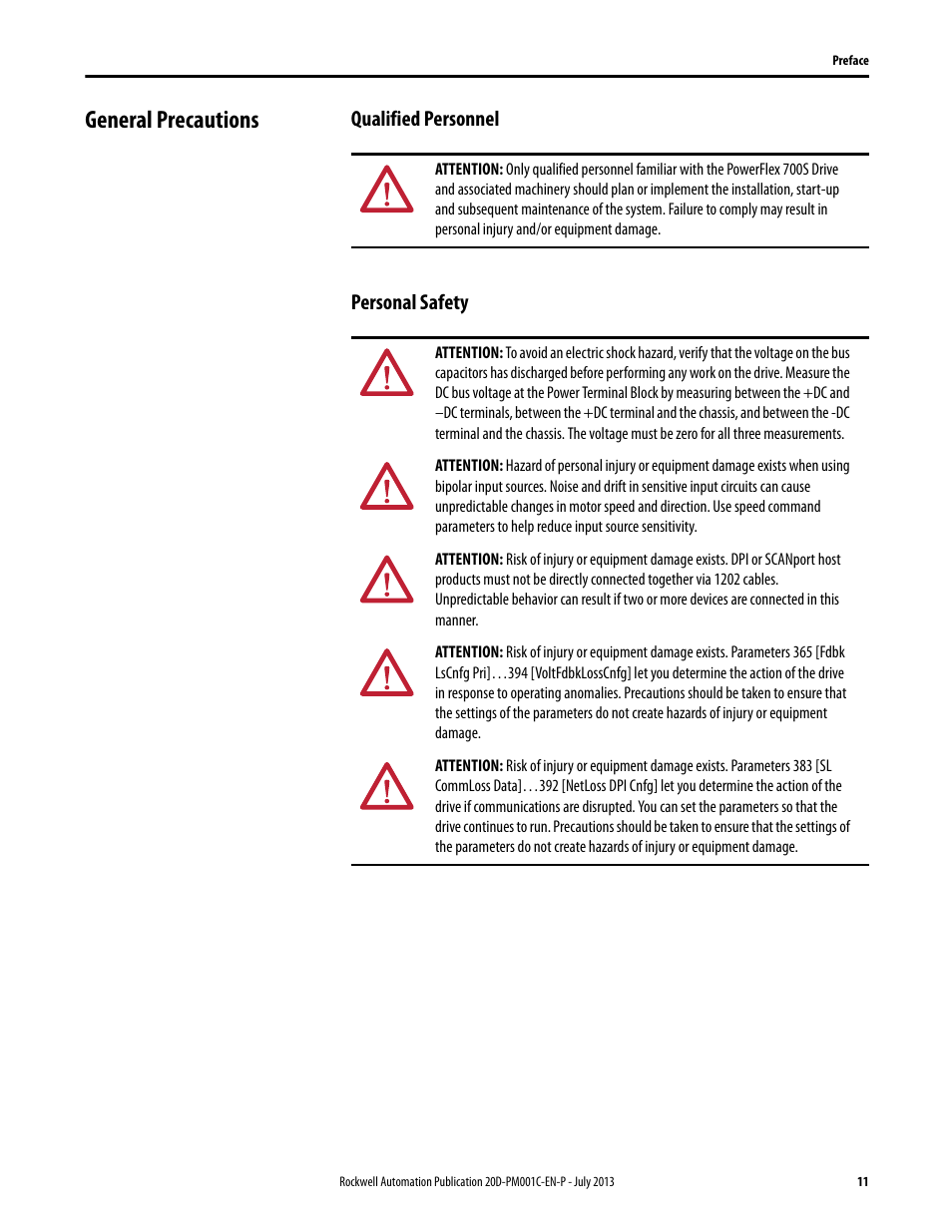 General precautions, Qualified personnel, Personal safety | Qualified personnel personal safety | Rockwell Automation 20D PowerFlex 700S AC Drives with Phase II Control Programming Manual User Manual | Page 11 / 214