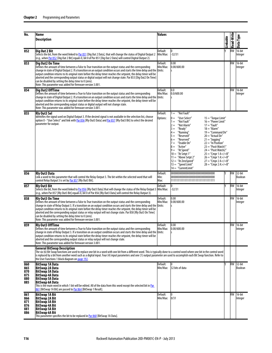 Par 852 | Rockwell Automation 20D PowerFlex 700S AC Drives with Phase II Control Programming Manual User Manual | Page 116 / 214