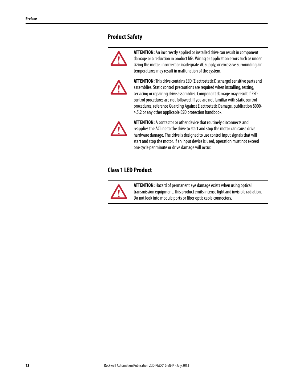 Product safety, Class 1 led product, Product safety class 1 led product | Rockwell Automation 20D PowerFlex 700S AC Drives with Phase II Control Programming Manual User Manual | Page 12 / 214