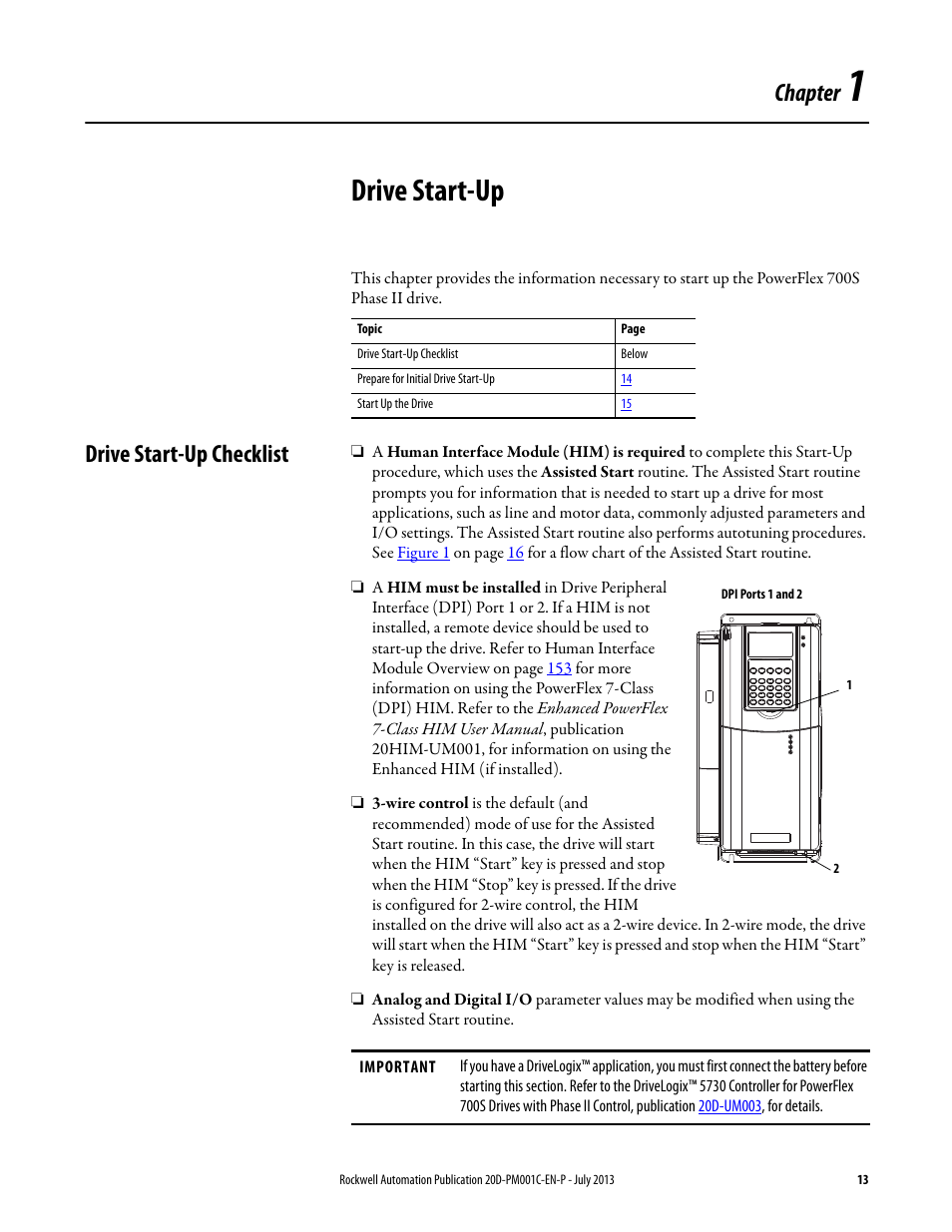 Chapter 1 - drive start-up, Drive start-up checklist, Chapter 1 | Drive start-up, Chapter | Rockwell Automation 20D PowerFlex 700S AC Drives with Phase II Control Programming Manual User Manual | Page 13 / 214